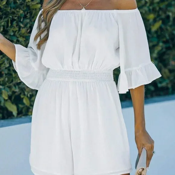 Shirred Detail Off Shoulder Flounce Sleeve Romper white - Picture 5 of 5